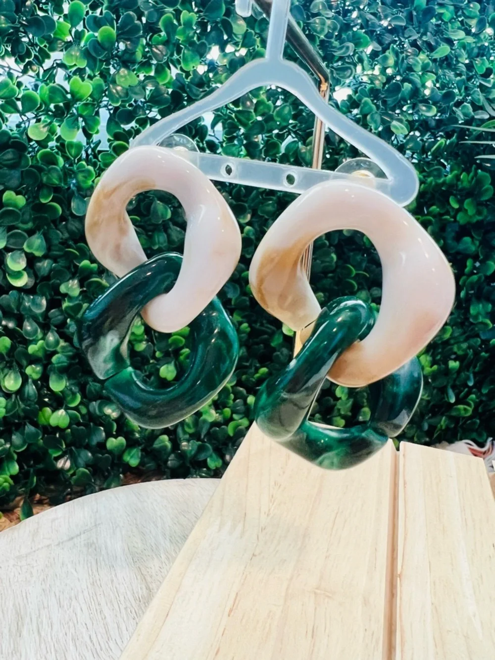 New Chunky Linked Resin Earrings in Cream and Forest Green | Lightweight